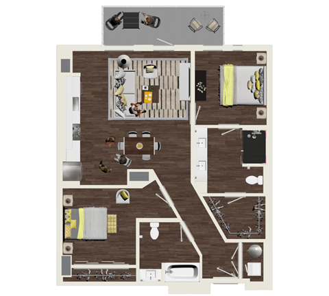 Floor plan for 2 beds, 2 baths, 1151 sqft